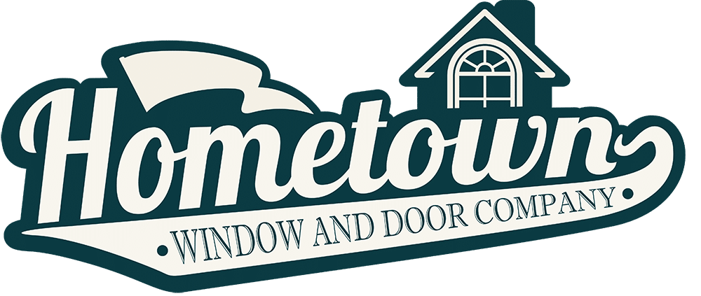 Logo for Hometown Window and Door Company with a house roof outline above the text and a window depicted above the letter 'H'.