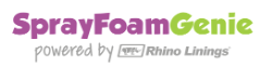 Logo for Spray Foam Genie powered by Rhino Linings with purple and green text.