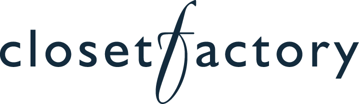 Close-up of the 'closet factory' logo with stylized lettering.