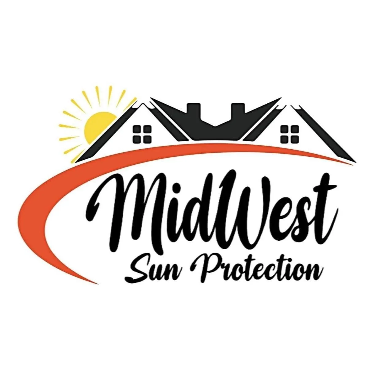 Logo for Midwest Sun Protection featuring stylized houses, a sun, and the text 'Midwest Sun Protection'.