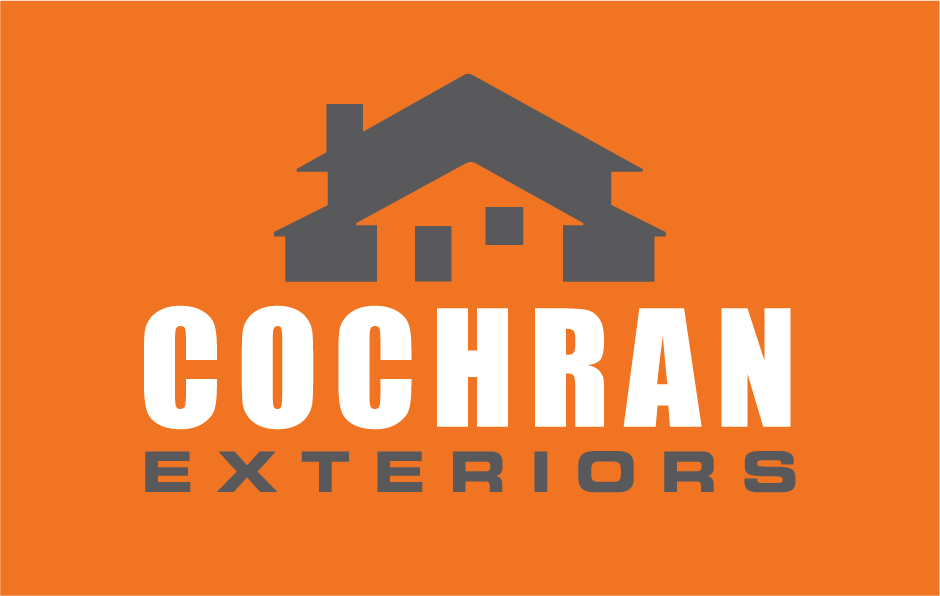 Logo for Cochran Exteriors featuring a gray house icon on an orange background with the company name in white and gray text.