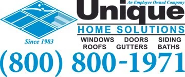 Logo for Unique Home Solutions, a company established in 1983, offering home improvement services including windows, doors, siding, roofs, gutters, and baths. Contact number 800-800-1971.
