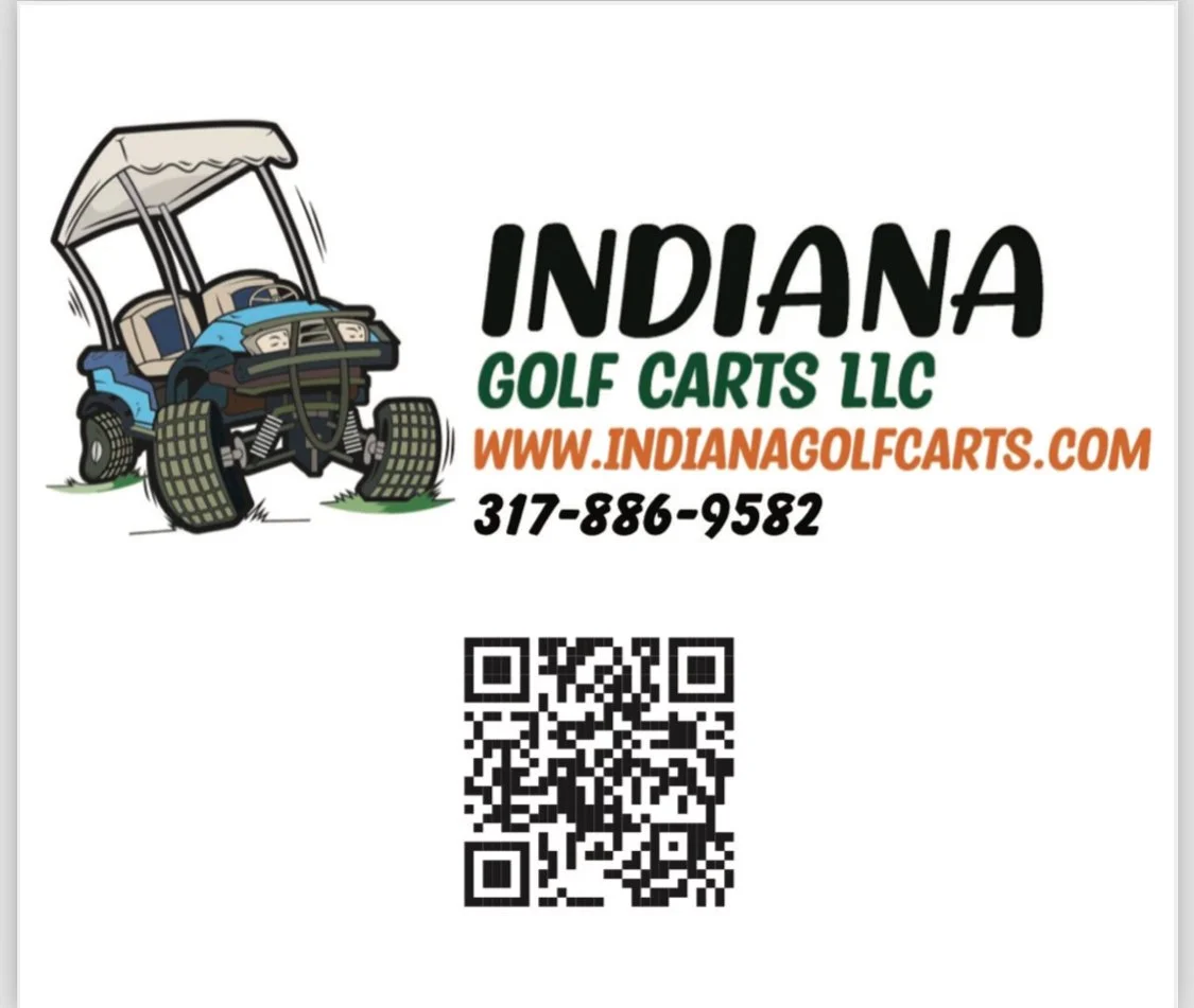 Business card for Indiana Golf Carts LLC featuring a cartoon golf cart with large tires, contact phone number, website, and QR code.