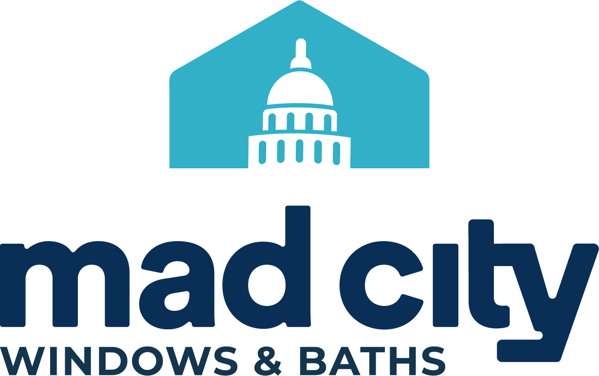 Logo for Mad City Windows & Baths featuring an illustration of a government capitol building and the company name.