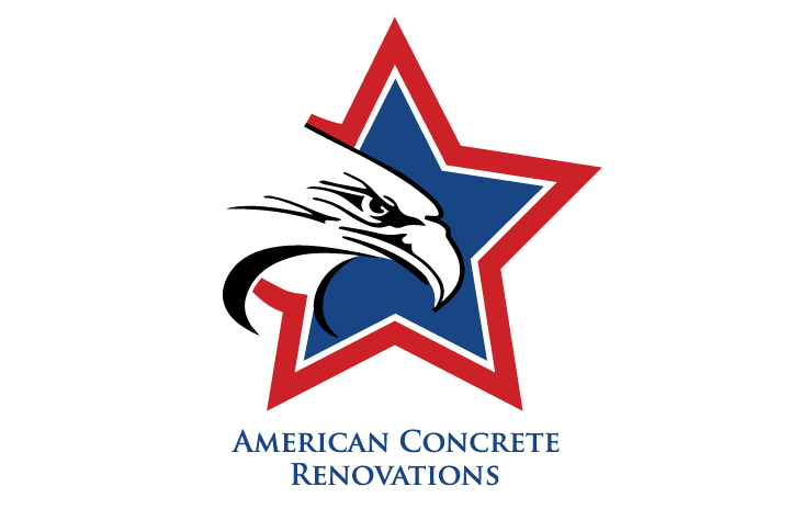 Logo of American Concrete Renovations featuring a black hawk inside a red, white, and blue star with text.