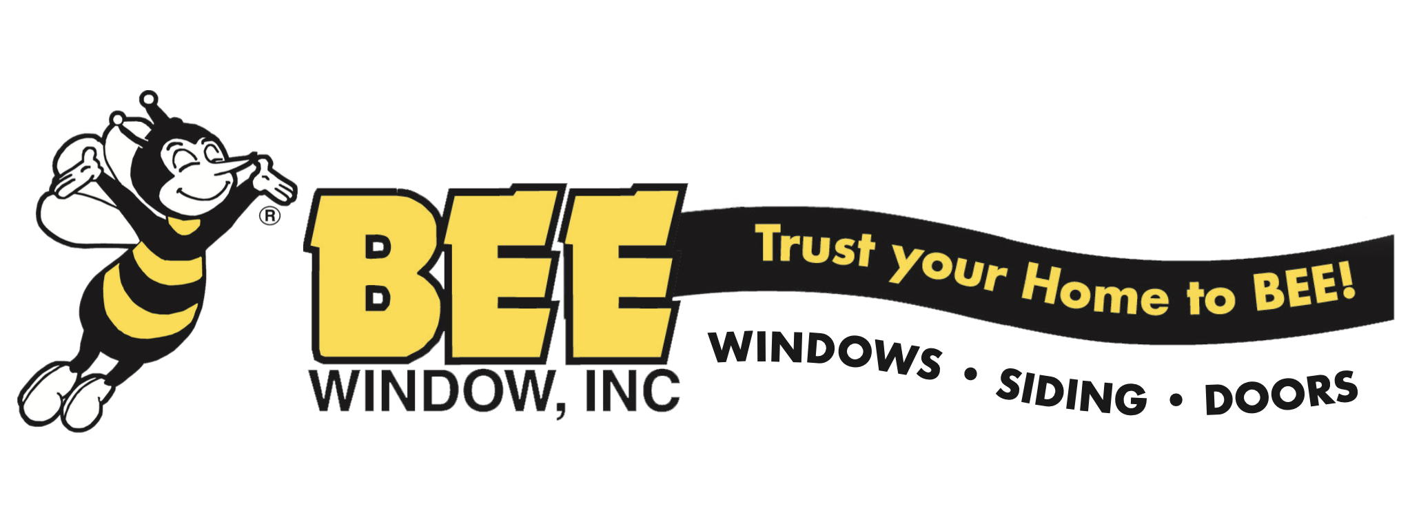 Logo for BEE Window, Inc featuring a smiling cartoon bee with a tool belt, and the slogan 'Trust your Home to BEE!' with services like windows, siding, and doors listed.