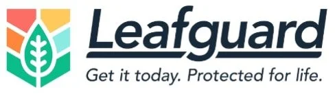 Leafguard logo with a leaf emblem and the text 'Leafguard' and 'Get it today. Protected for life.'