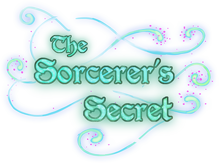 Colorful title card with the words "The Sorcerer's Secret" in glowing green text on a blue background with swirling decorative elements.