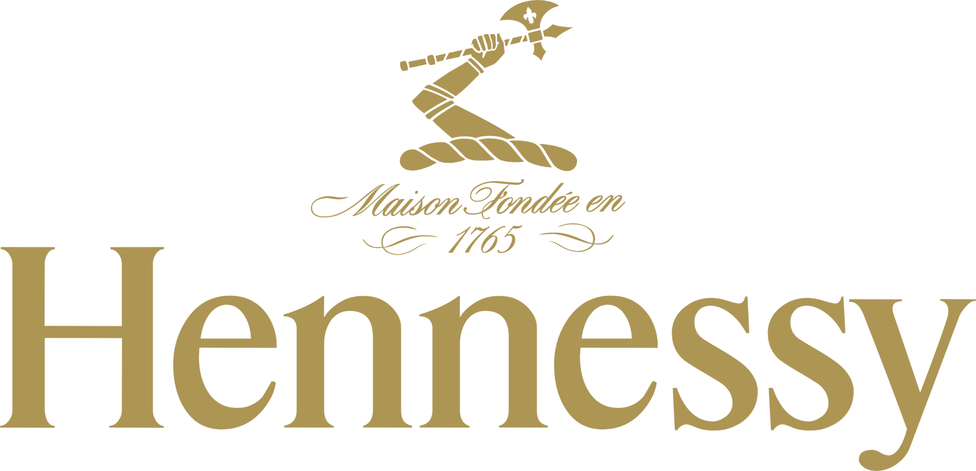 Logo for Hennessy featuring an illustration of a hand holding a spear with a cross at the tip, the text 'Maison Fondée en 1765' below the illustration, and the word 'Hennessy' in large gold letters.