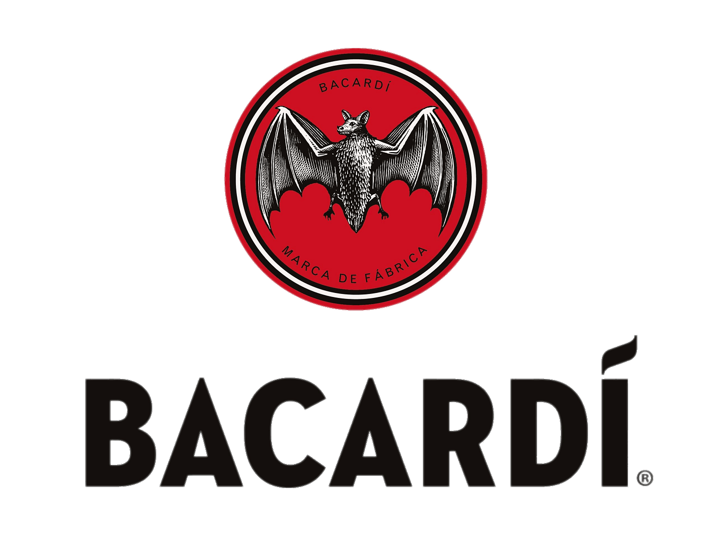Bacardi logo featuring a bat with spread wings inside a red circle, with the words Bacardi, Marca de Fabrica around it, and the word Bacardi in large white letters below.