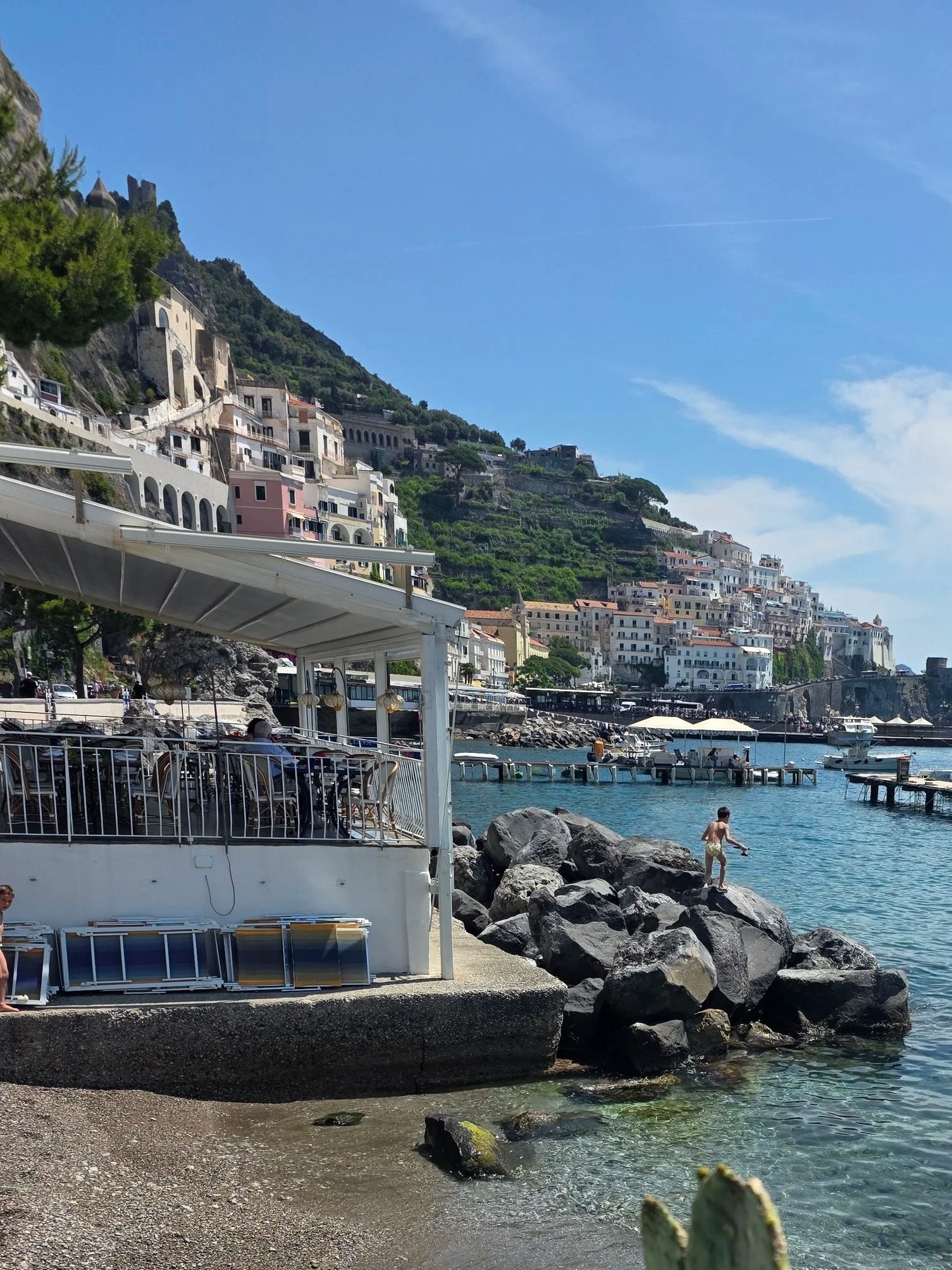 The Amalfi Harbor as enjoyed from a restaurant patio.