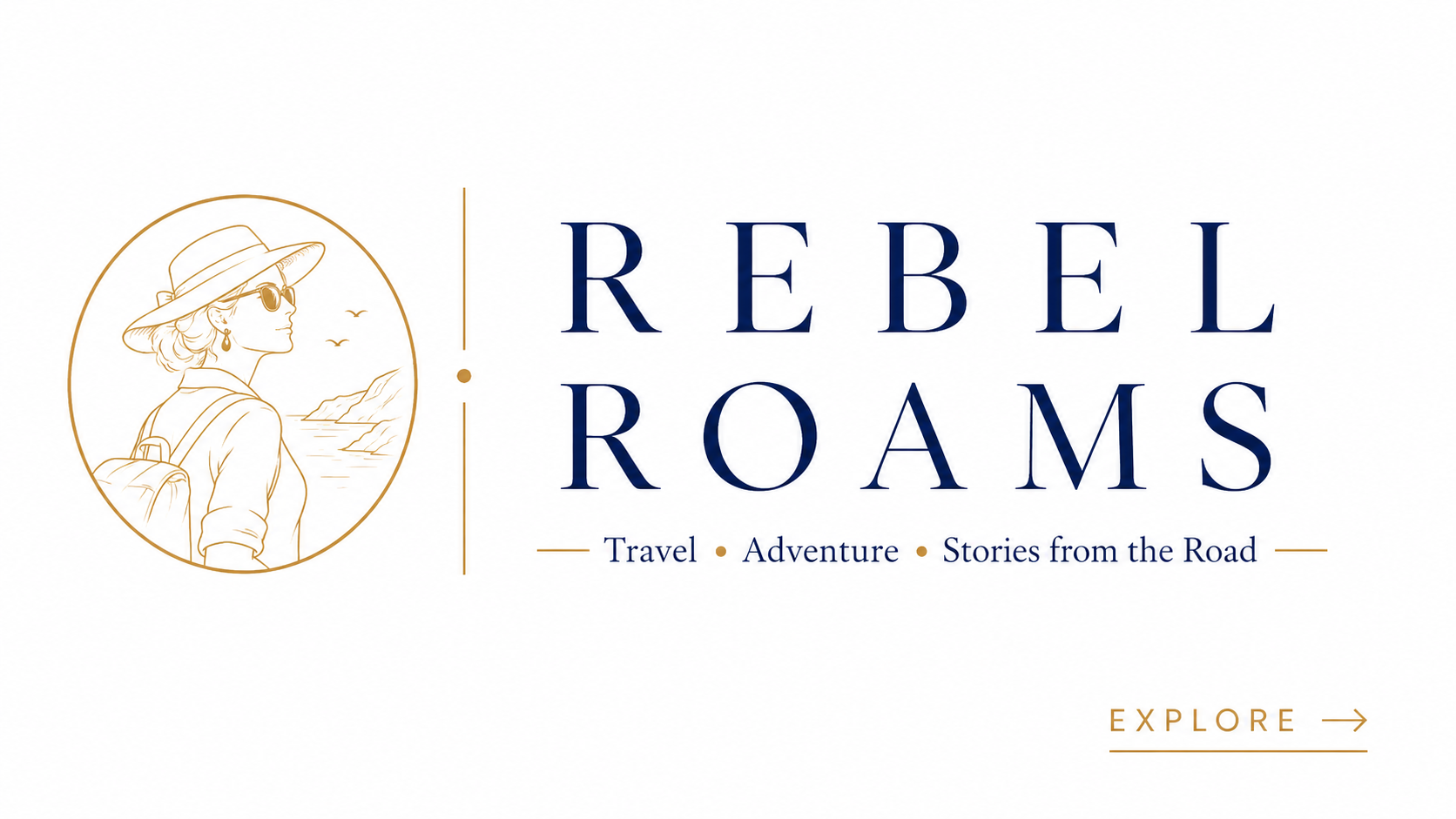 Travel logo featuring a woman with a hat, sunglasses, and backpack, overlooking a coastline with mountains and water, accompanied by text "Rebel Roams" and tagline "Travel Adventure Stories from the Road," with an "Explore" button.