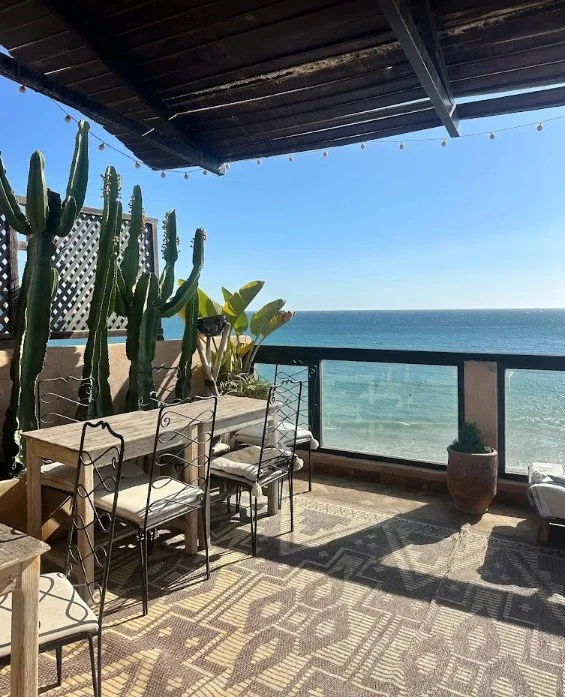 Balcony overlooking the ocean with potted cacti and banana plant, wooden table and chairs, and string lights under a wooden roof.