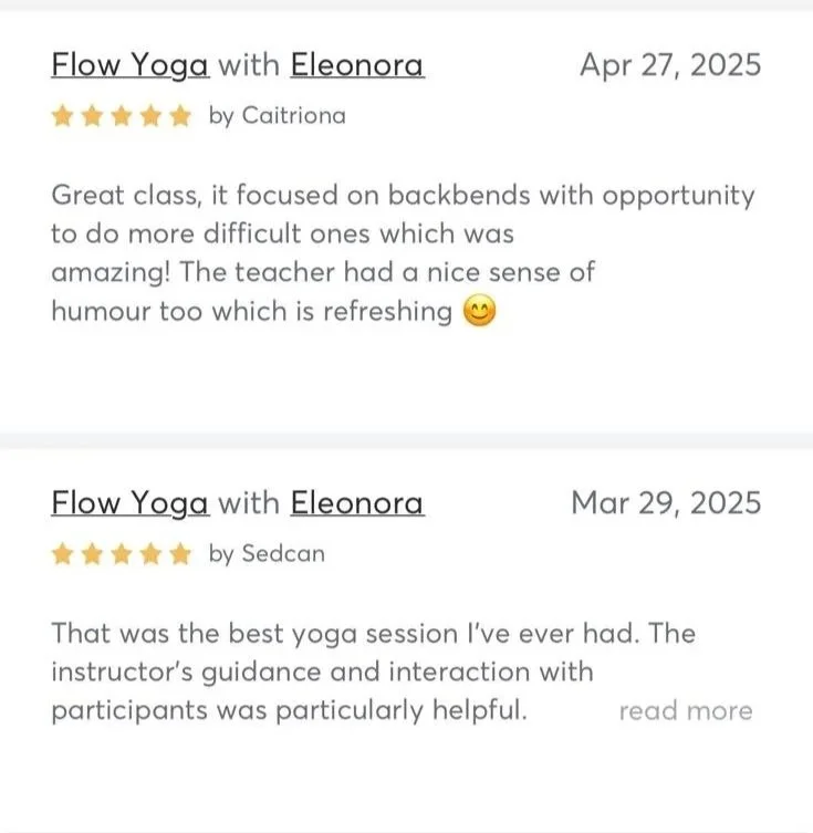 Screenshot of two positive reviews for a yoga class called Flow Yoga with Eleonora, dated April 27, 2025, and March 29, 2025.