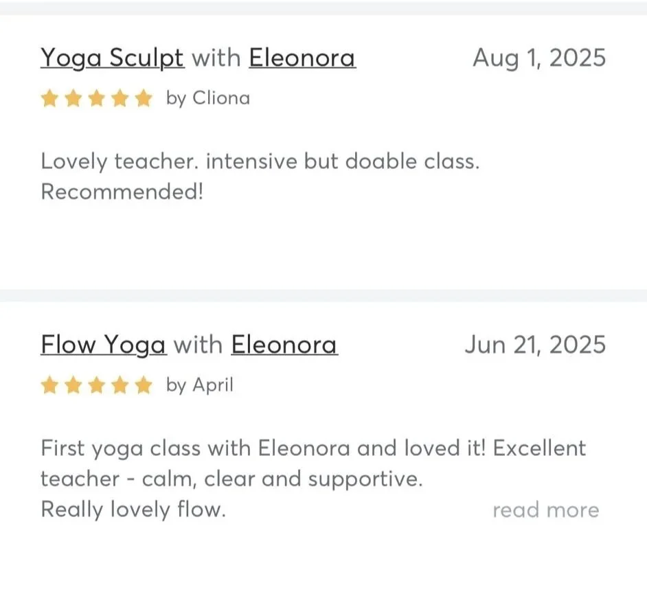 Screenshots of two yoga class reviews with titles, dates, star ratings, instructor name Eleonora, and comments; one for Yoga Sculpt on August 1, 2025, and one for Flow Yoga on June 21, 2025.