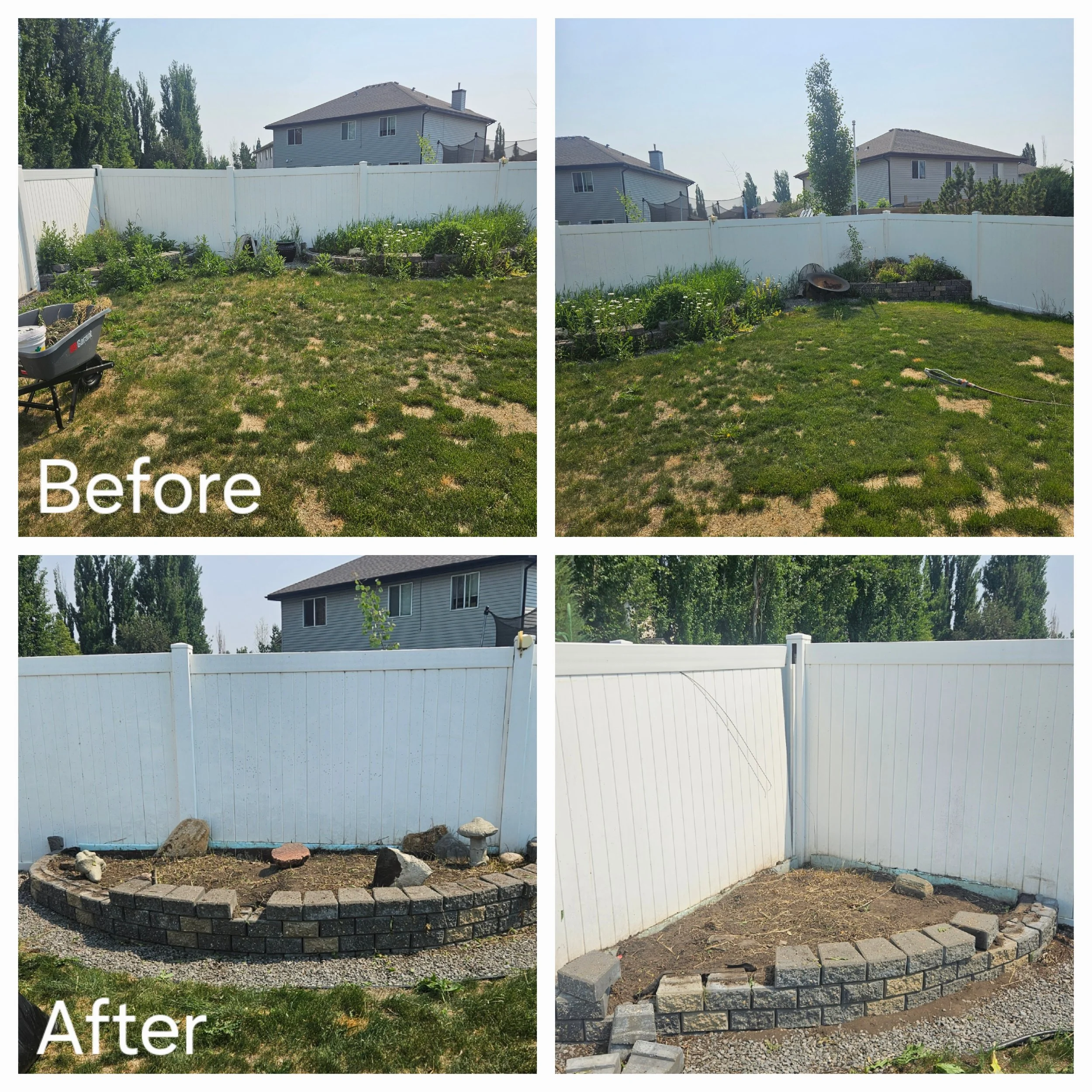 Comparison of a backyard garden before and after landscaping. The top row shows overgrown grass and weeds, and the bottom row shows a cleaned and redesigned garden with a new stone border.