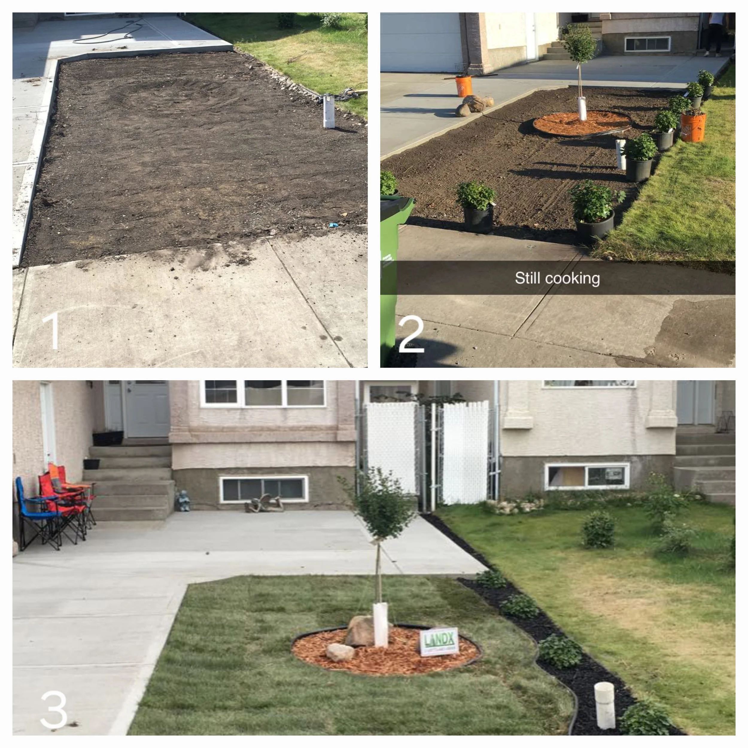Sequence of three photos showing the progression of a yard makeover. The first photo shows an empty, dirt-covered yard. The second photo shows the yard with freshly tilled soil, potted plants, and the caption 'Still cooking.' The third photo depicts 
