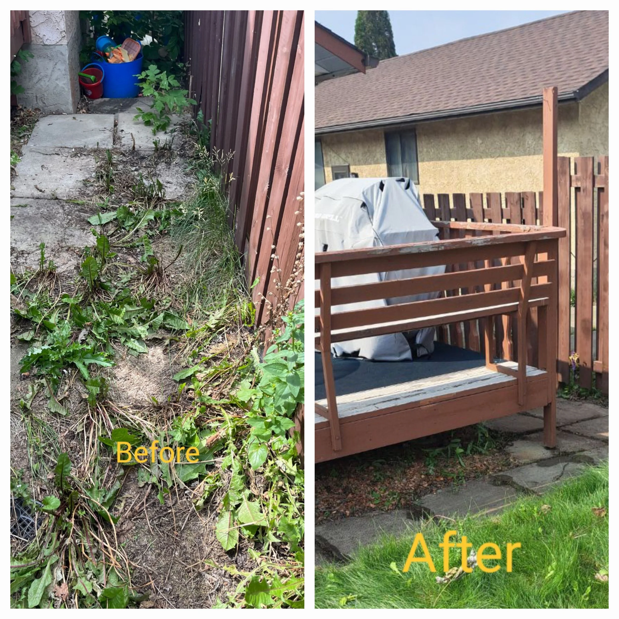 Side-by-side comparison of a backyard area before and after cleaning. The 'Before' side shows overgrown weeds and dirt, while the 'After' side features a tidy space with a small wooden deck, a covered grill, and neat grass.