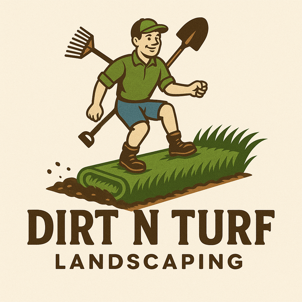 Logo for Dirt N Turf Landscaping featuring a cartoon man in green and blue clothes, wearing boots, standing on grass and holding gardening tools on his shoulders.