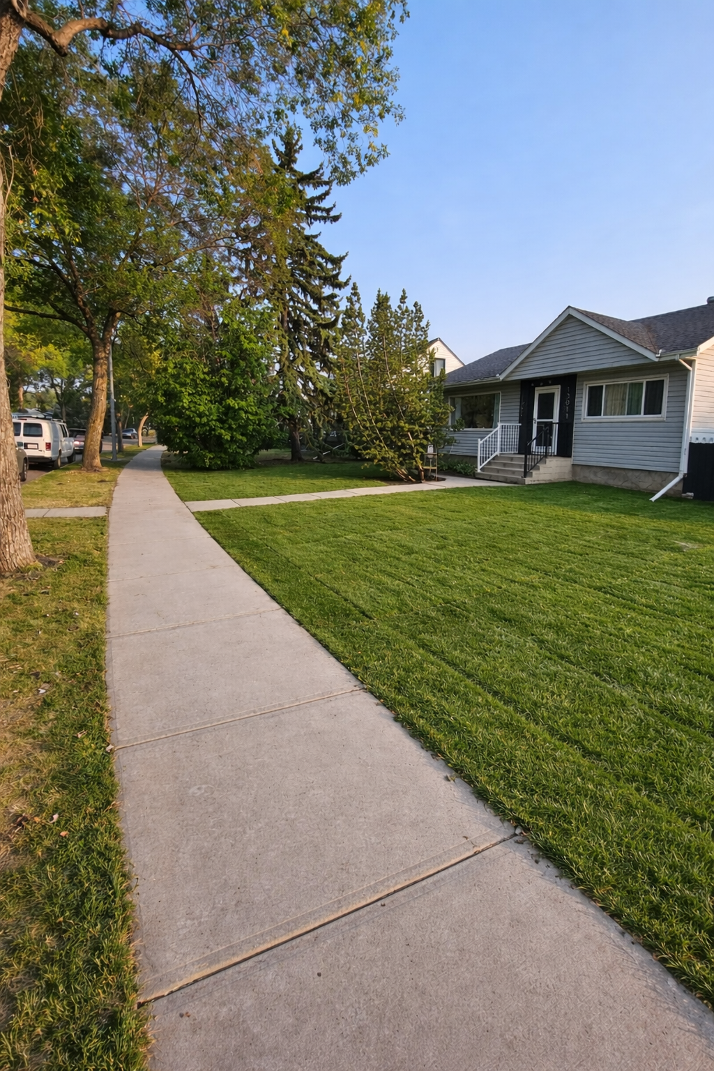 Residential neighborhood with a sidewalk, green lawn, trees, and a house with gray siding and white trim under a clear blue sky.