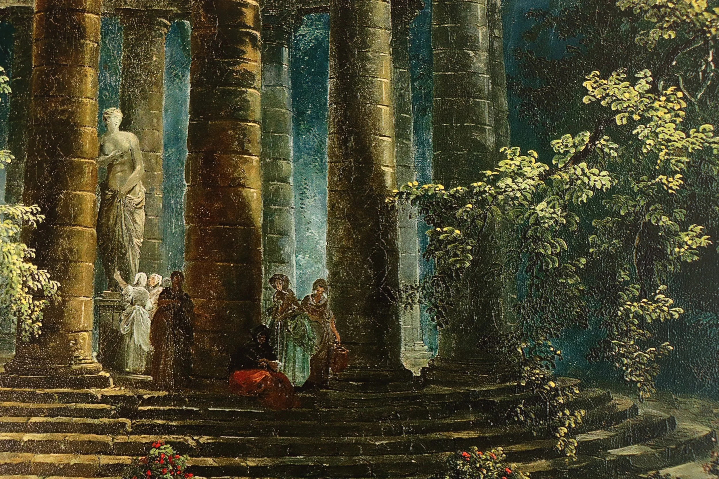 Painting of ancient Greek ruins with a large classical columned structure, a statue of a woman, and people sitting and standing on the stone steps surrounded by greenery.