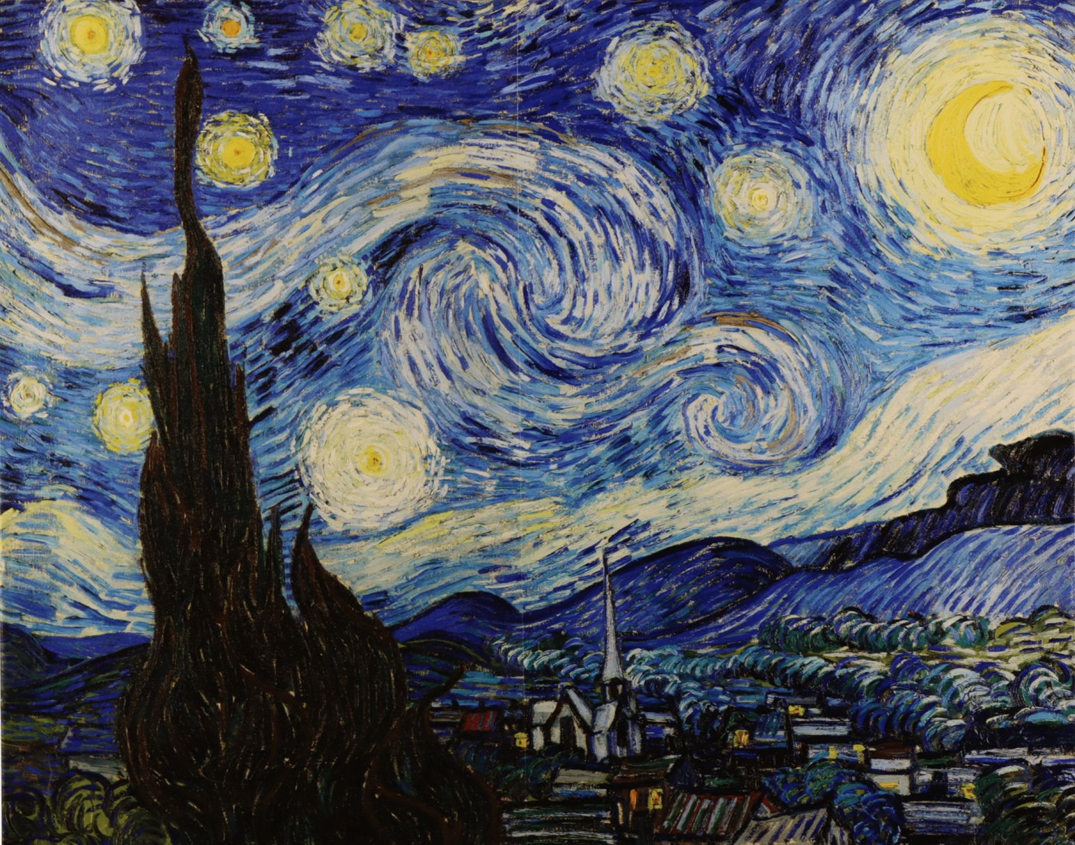 Painting of a starry night sky with swirling patterns and bright yellow stars over a village with a church and rolling hills.