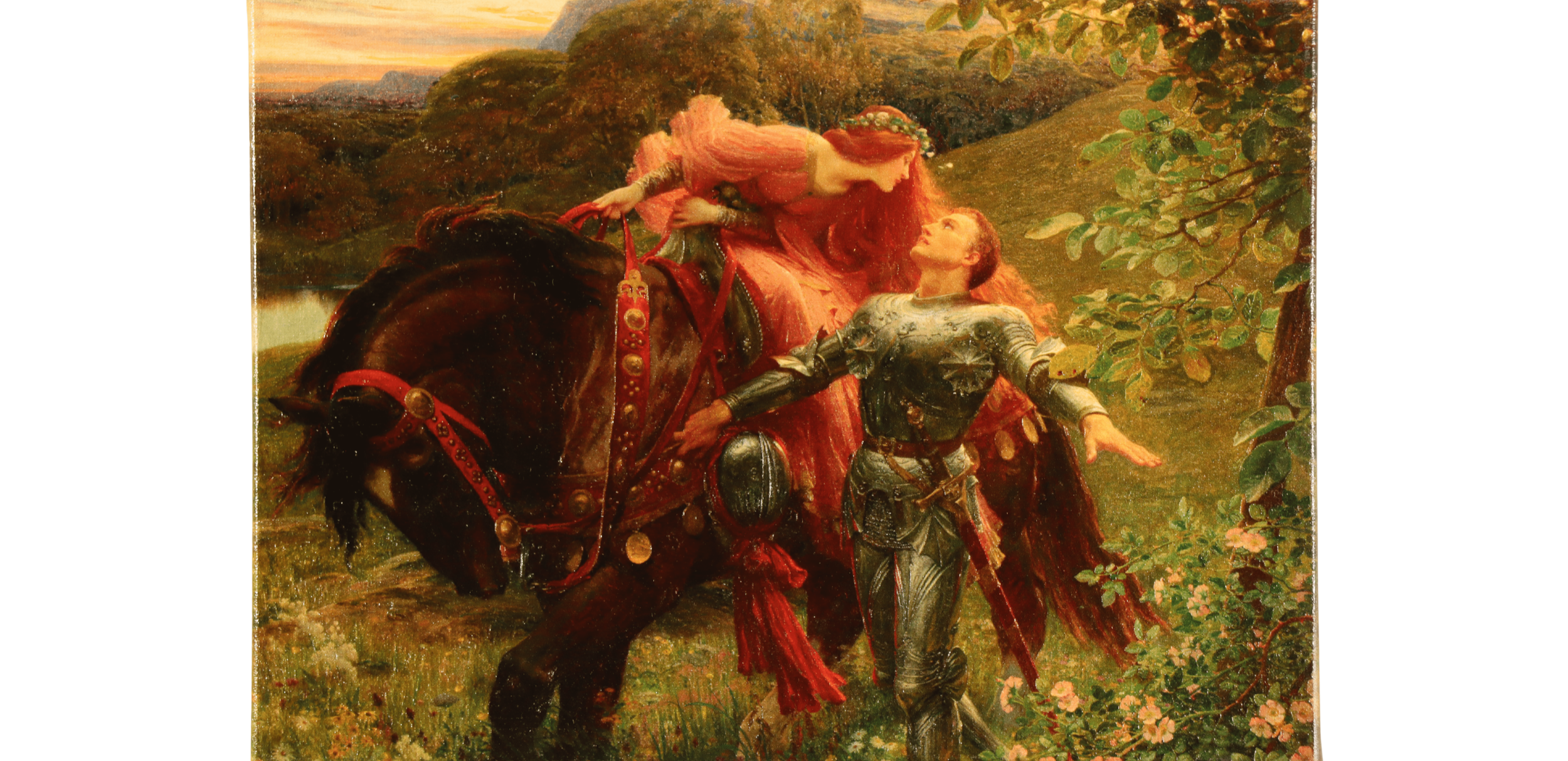 A medieval knight in armor standing outdoors, looking up at a woman in a pink dress and crown who is sitting on a horse and leaning forward to speak to him. The background features a scenic landscape with trees, a river, and a sunset sky.
