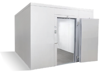 An open walk-in refrigeration or freezer unit with a door swung open revealing the interior