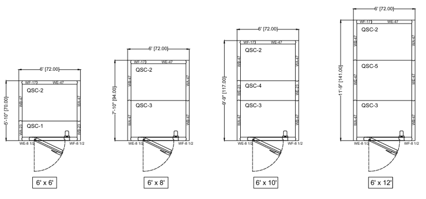 Diagram showing four different sizes of underground electrical enclosures, each with a labeled door and specifications, arranged from smallest to largest.