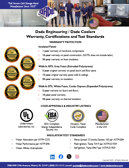 Dade Engineering / Dade Coolers warranty, certifications, and test standards poster, with logos and warranty details for insulated panels, foam, and EPS White Foam, Cooler Express, listing industry certifications and insulation standards.