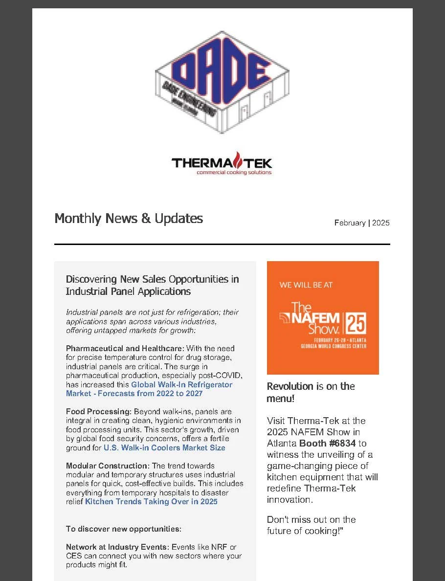 Monthly newsletter from Thermatek, featuring a corporate event at The NAFEM Show in Atlanta, promoting innovative kitchen equipment, with sections on sales opportunities in industrial panels, pharmaceutical and healthcare, food processing, modular construction, and industry events.