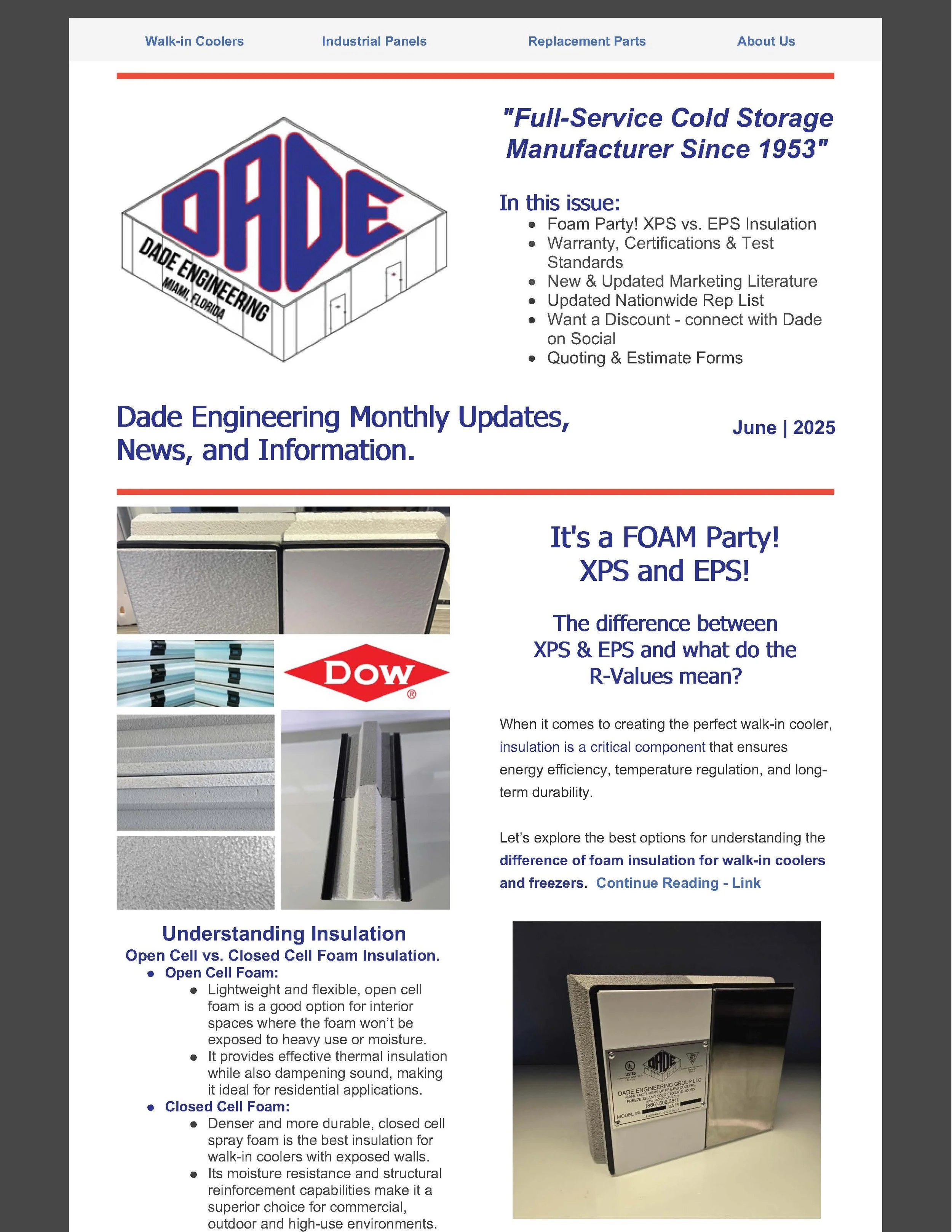 Newsletter page for Dade Engineering from June 2025, featuring info about foam insulation types, comparison of XPS and EPS coolers, and an image of foam insulation materials and a walk-in cooler.