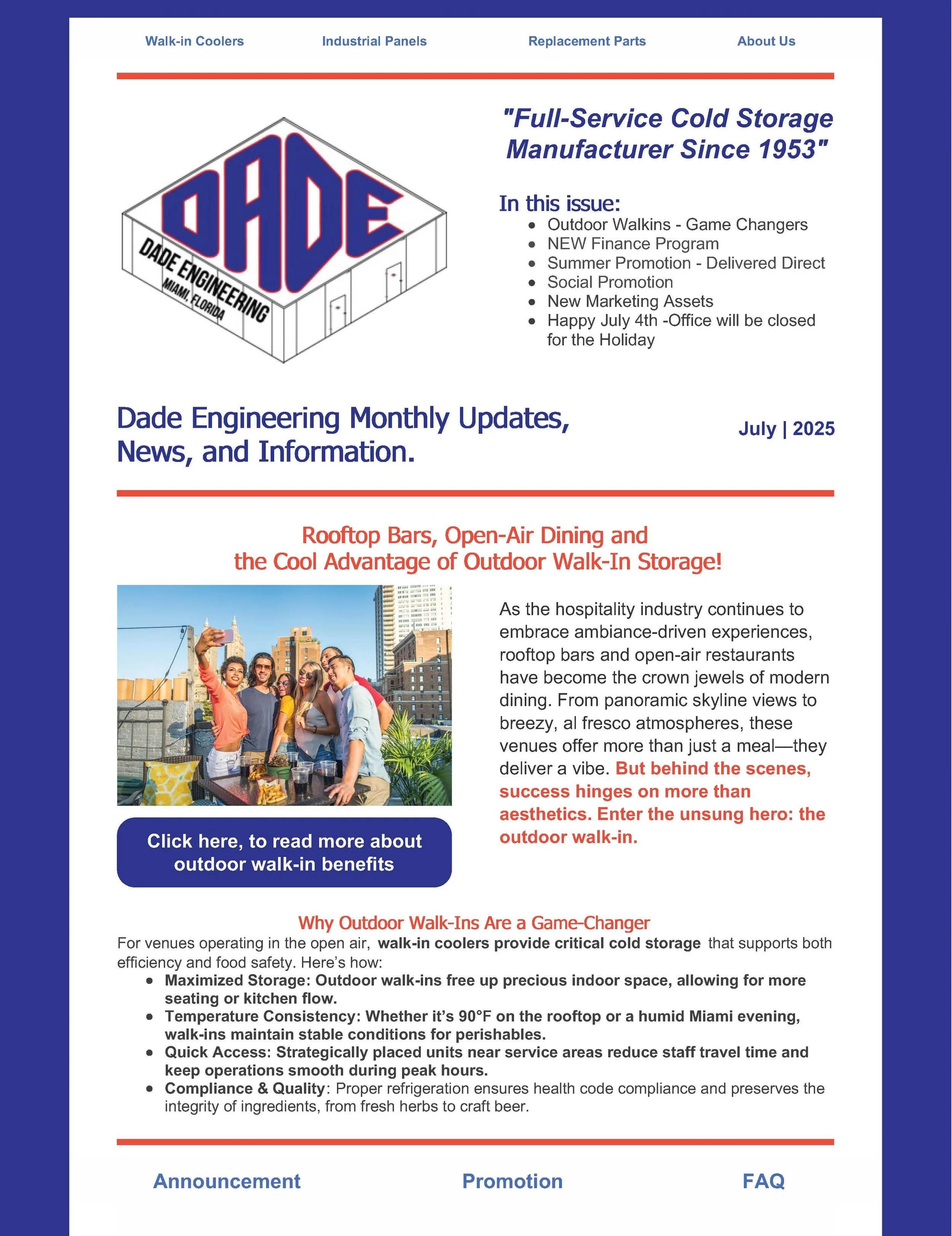 A newsletter from Dade Engineering, a full-service cold storage manufacturer since 1953. The newsletter features a headline about rooftop bars and outdoor dining, with a photo of a group of people enjoying their time on a rooftop with city buildings in the background. It highlights benefits of outdoor walk-in coolers and includes sections on announcements, promotions, and FAQs.