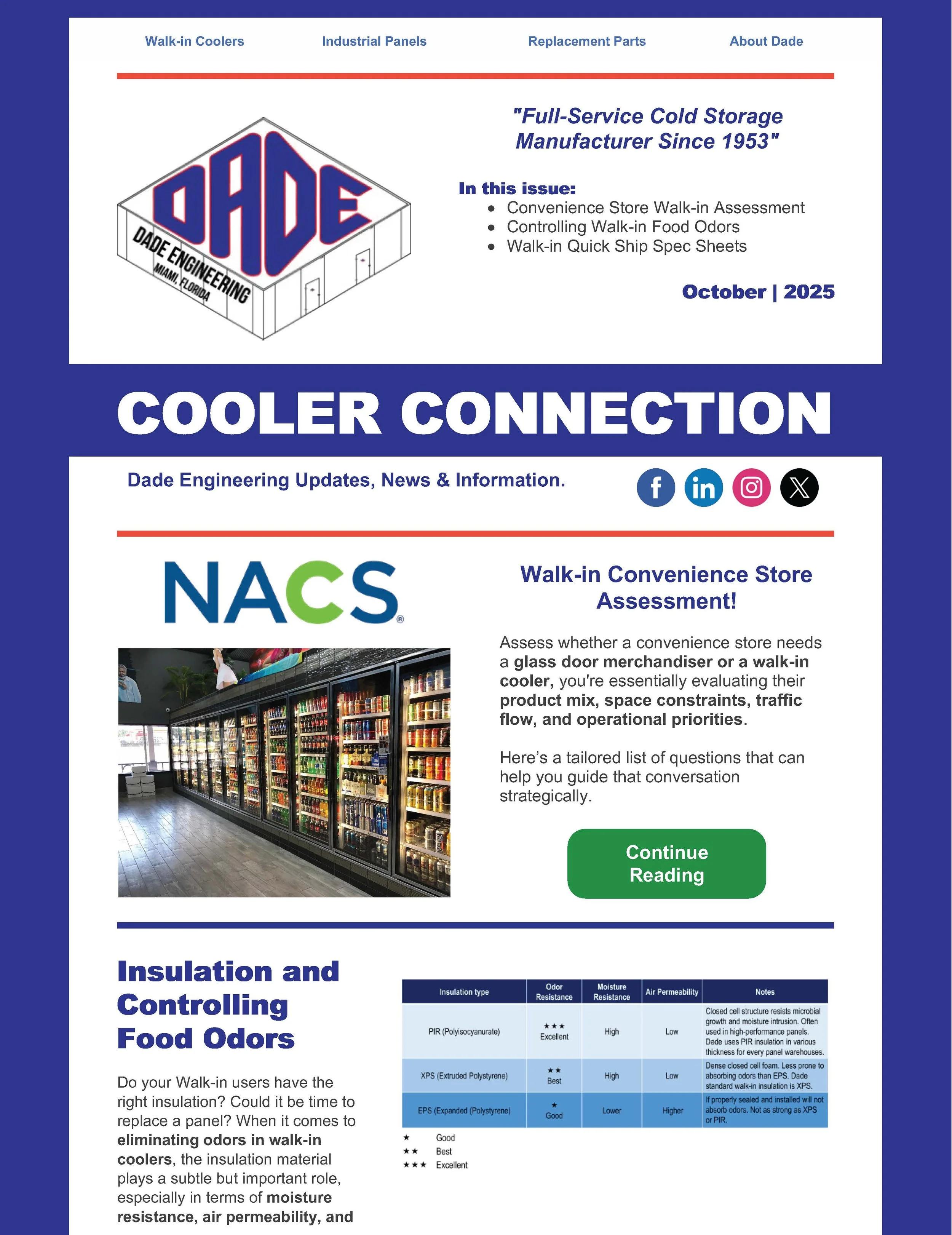 A newsletter titled "Cooler Connection" from Dade Engineering, dated October 2025. Features sections on walk-in coolers, with an emphasis on walk-in convenience store assessments, and discusses insulation and controlling food odors, including a chart comparing insulation types.