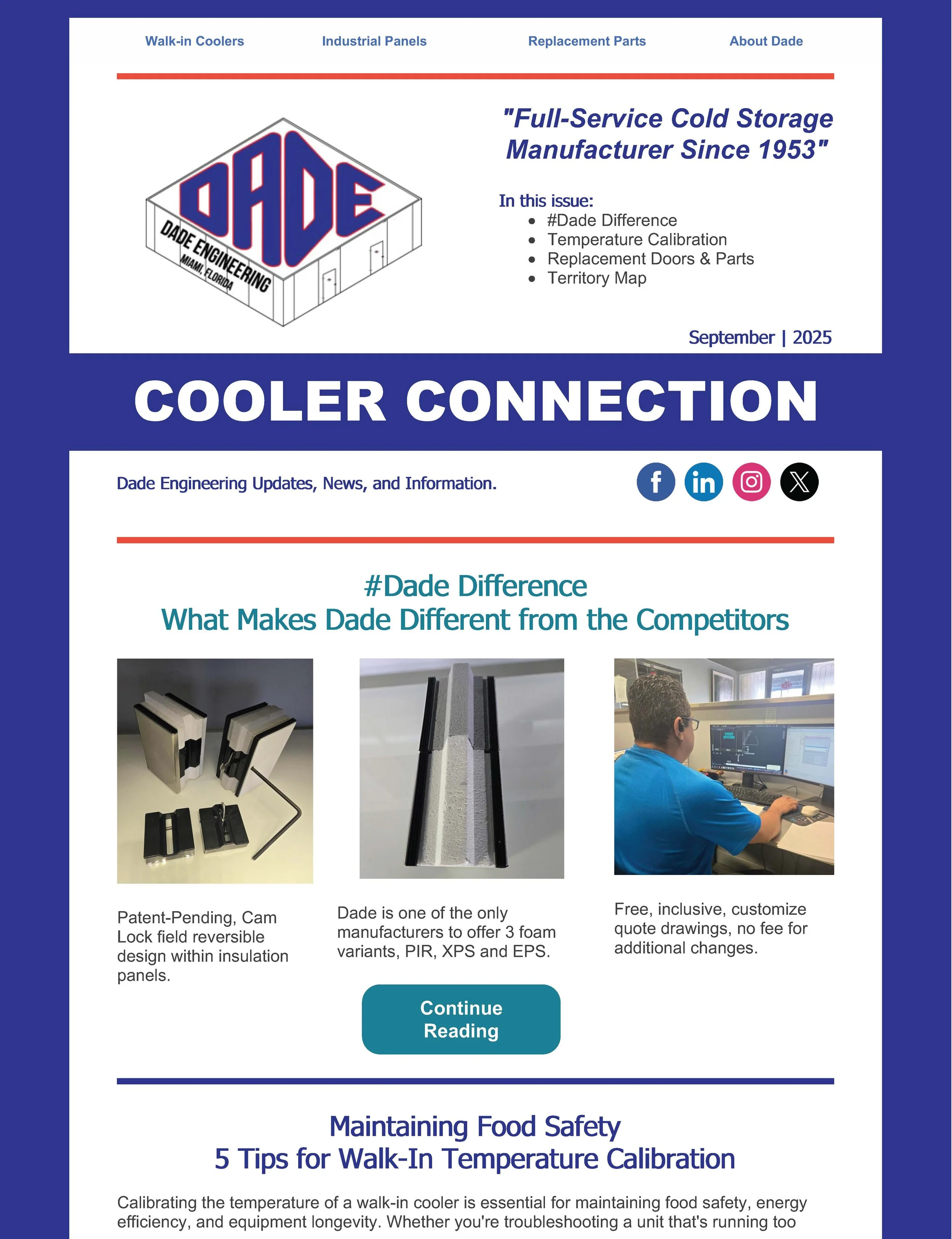 Dade Engineering newsletter titled 'Cooler Connection' for September 2025, featuring the company's logo, sections on Dade difference, maintenance tips for walk-in coolers, and images of insulation panels, foam variants, and a technician at a computer.