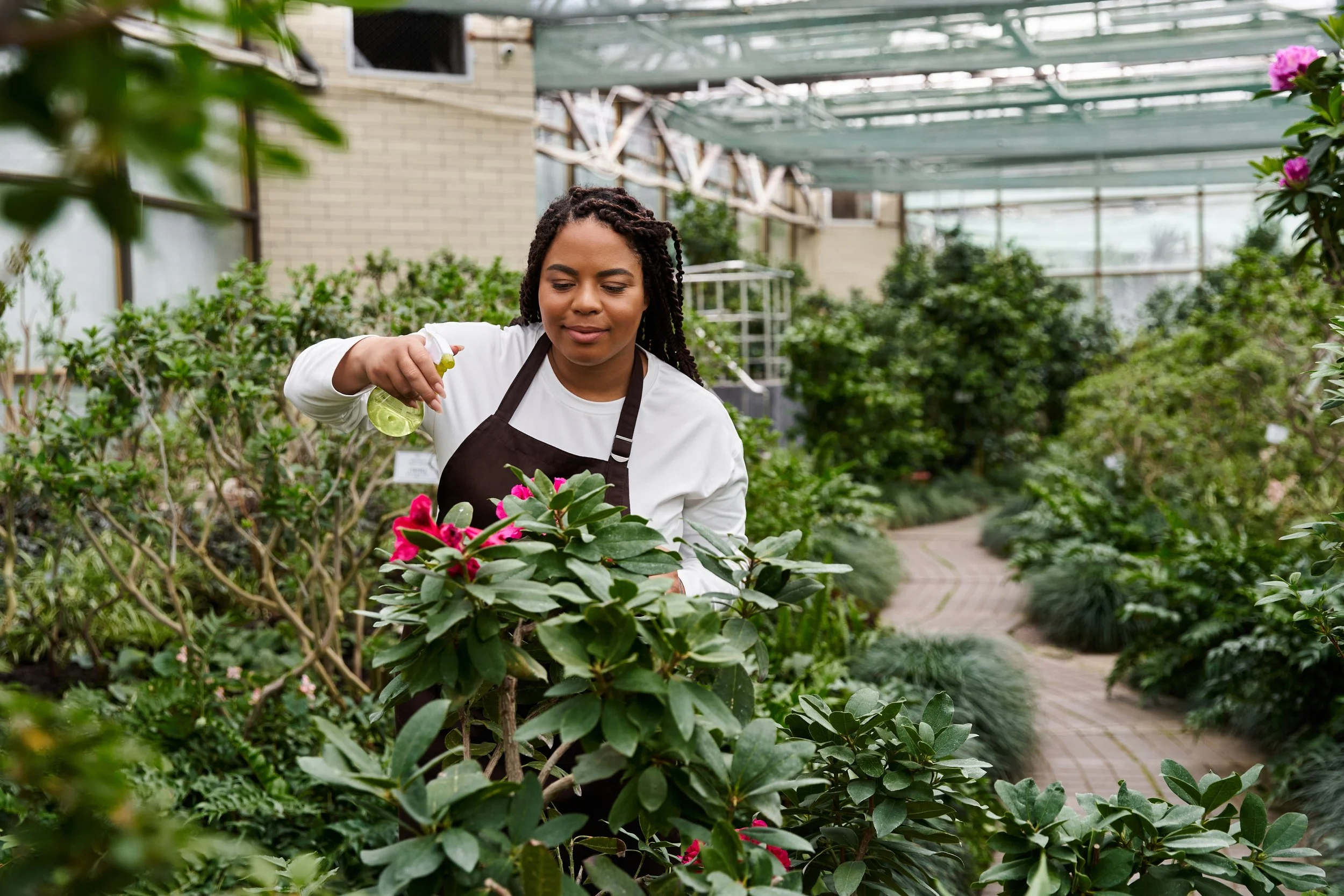 A woman watering plants in a greenhouse.