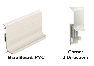 PVC baseboard next to corner piece showing two-direction installation