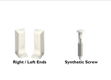 Two white plastic end caps labeled 'Right / Left Ends' and a metallic screw labeled 'Synthetic Screw'.