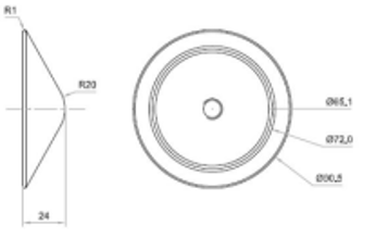 Technical diagram of a speaker or cone with dimensions and measurements labeled.