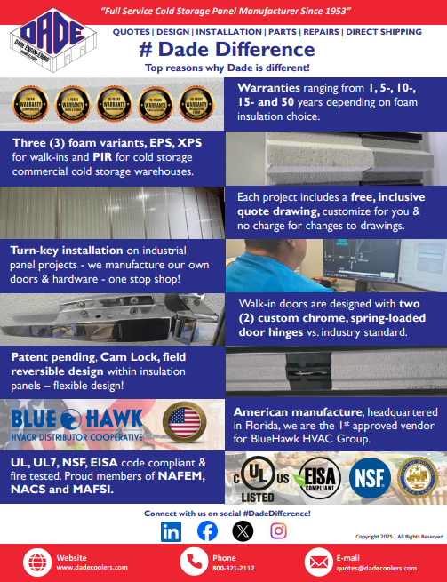 Advertisement for Dade cold storage panels showcasing warranty options, foam variants, free quote drawings, turnkey installation, walk-in doors, patent-pending designs, American manufacturing, and certifications, with contact info and social media links.