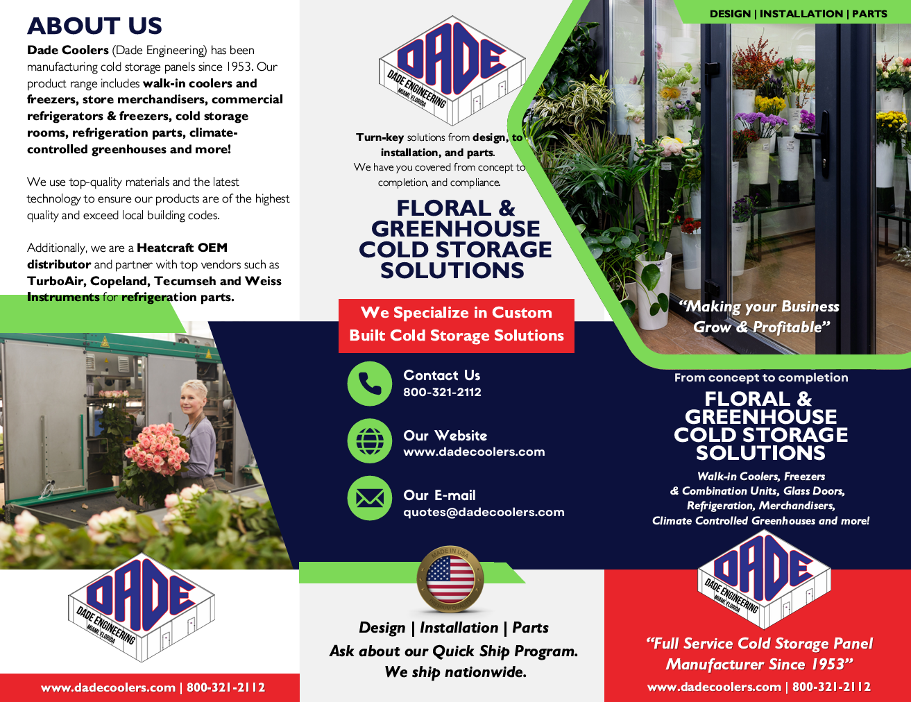 Brochure for Dade Coolers showcasing floral and greenhouse cold storage solutions, with images of plants and a woman with flowers, contact information, and logo.