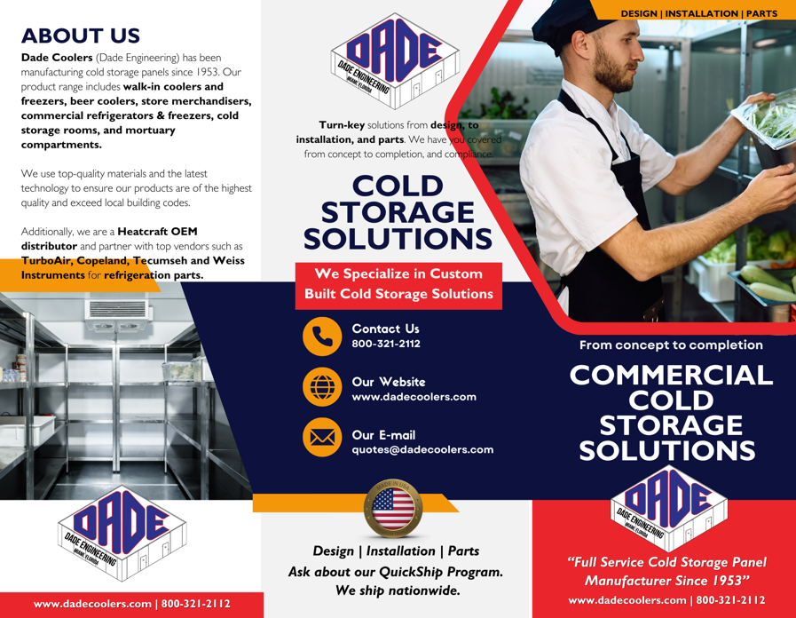 Advertisement for Dade Coolers highlighting cold storage solutions for commercial refrigeration, featuring contact information and product details.