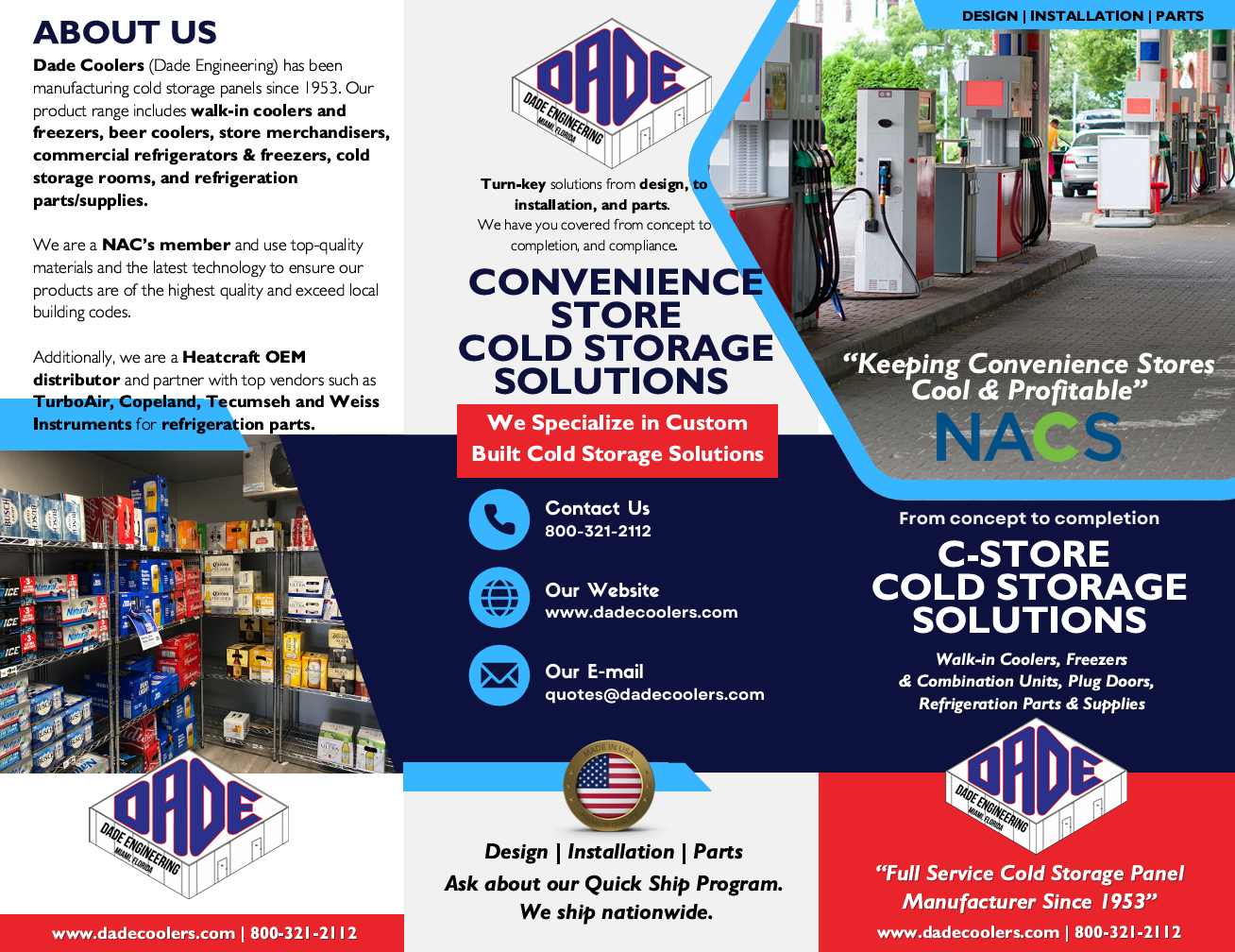 Brochure for Dade Coolers showcasing cold storage panels and refrigeration solutions. Features images of walk-in coolers, freezer units, retail shelves stocked with refrigeration products, and exterior refrigeration units. Highlights company services and contact information.