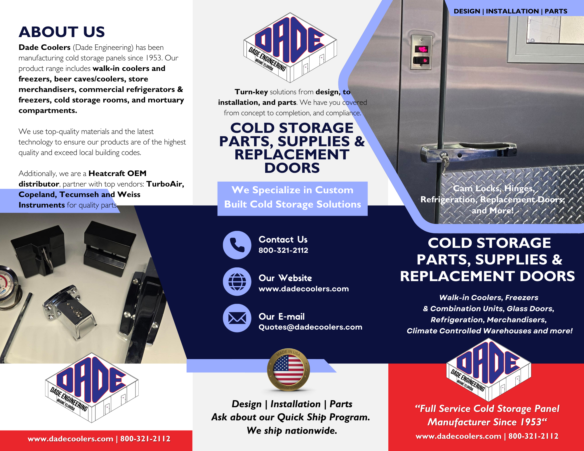 An informational flyer for Dade Coolers, a manufacturer of cold storage panels and doors. The flyer includes company details, contact information, and images of stainless steel doors and hardware components. The layout features logo, headlines, and sections about products, services, and company background.
