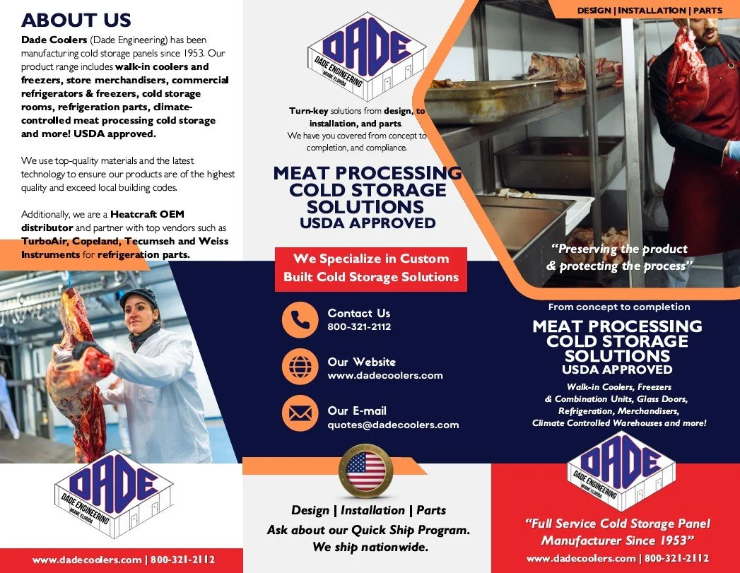 Business flyer for Dade Coolers, a manufacturer of cold storage panels and solutions for meat processing and refrigeration. Includes contact info, services, and product details.
