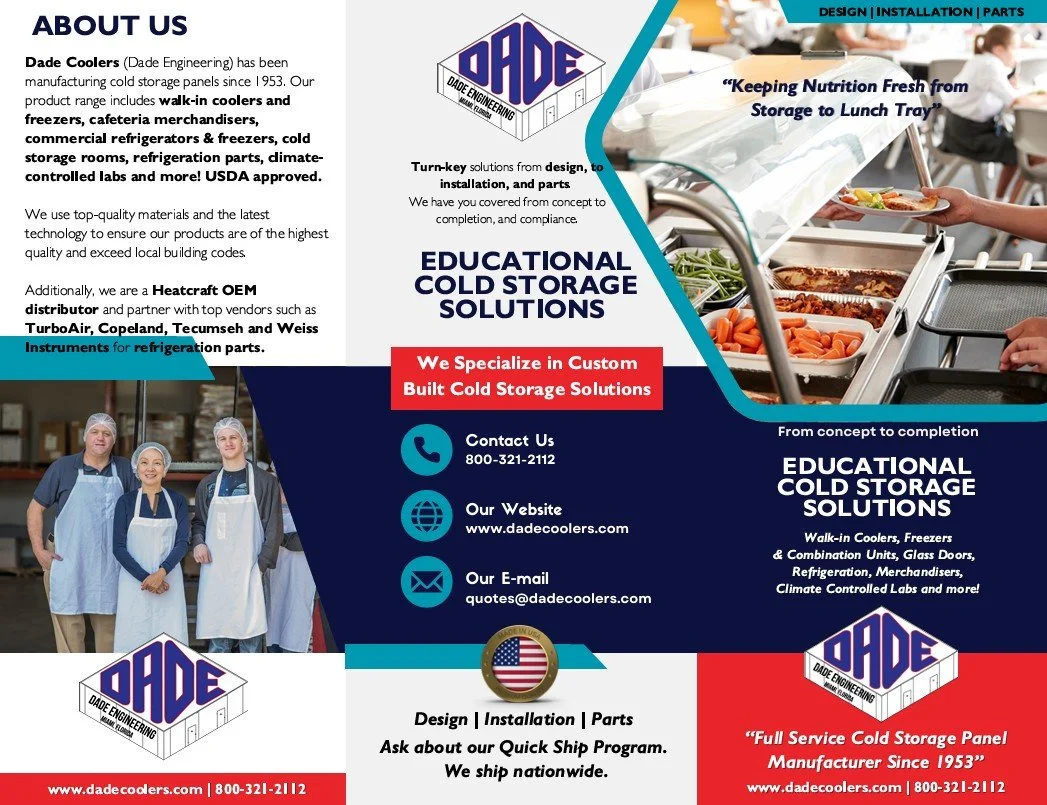 Brochure for Dade Coolers promoting educational cold storage solutions, including walk-in coolers and freezers, and commercial refrigeration parts, featuring images of food service staff with cold storage units and contact information.