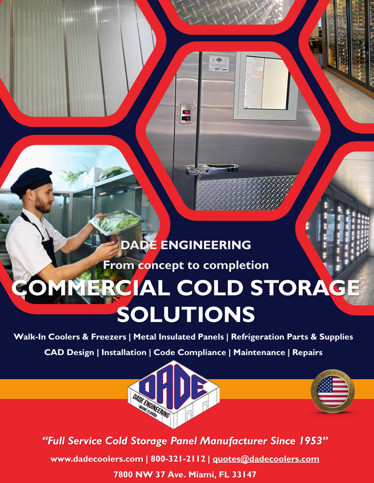 Flyer for Dade Engineering showcasing commercial cold storage solutions, including walk-in coolers, freezers, insulated panels, and refrigeration parts, with images of refrigeration equipment, a chef inspecting produce, and a modern storage facility.
