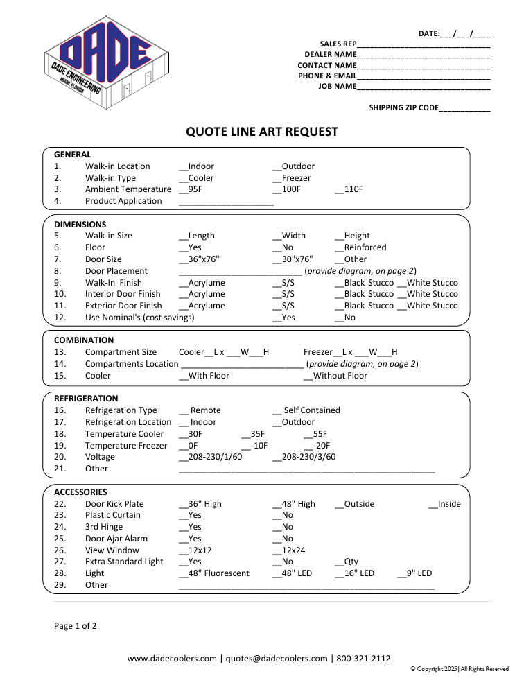 A quote line art request form from Dade Engineering featuring sections for project details, dimensions, combinations, refrigeration, and accessories, with checkboxes and fill-in fields for specifications.
