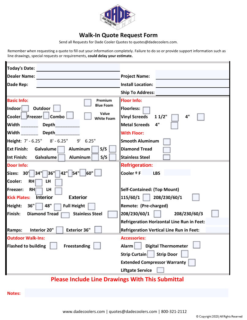 Dade Cooler Walk-In Quote Request Form with fields for project details, dimensions, floor info, door info, refrigeration specifications, outdoor walk-ins, accessories, and notes.