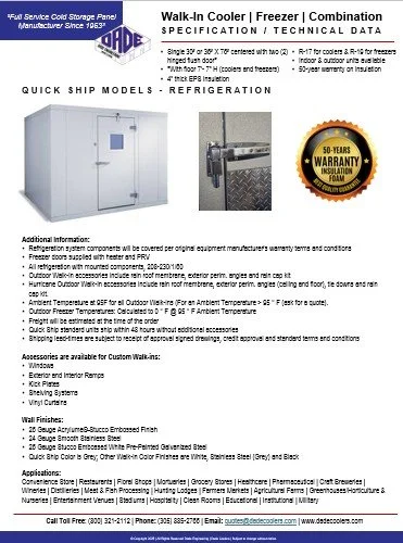 Technical diagram and specifications for a walk-in cooler/freezer combination by a manufacturer established since 1963, showcasing models, features, warranty, and optional accessories.